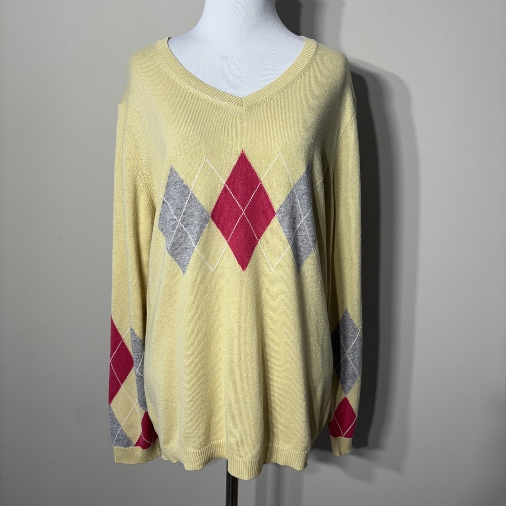 Luigi Baldo Sweater Womens XL‎ Yellow Argyle Cashmere Silk Preppy Academia Golf